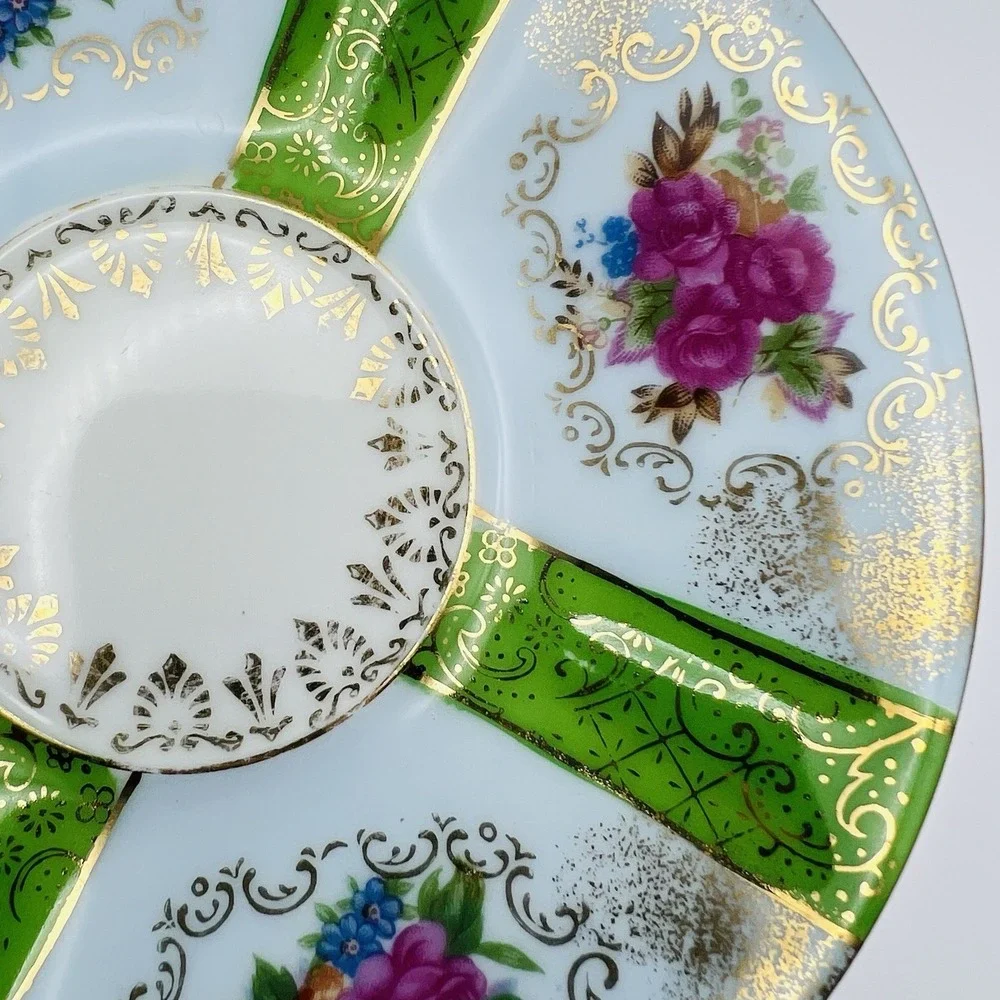 Wales Porcelain Teacup Saucer Lusterware Floral Green Gold Japan Vintage Set
